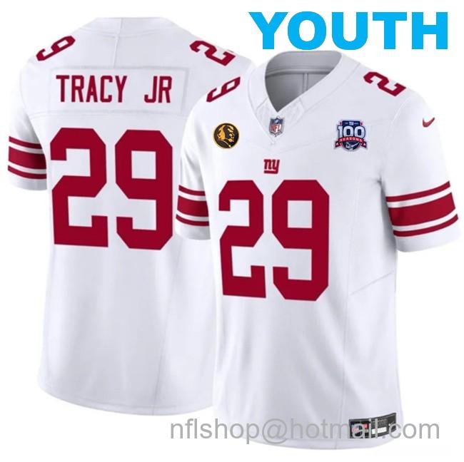 Youth New York Giants #29 Tyrone Tracy Jr. White 2024 F.U.S.E. With John Madden Patch And 100TH Season Patch Vapor Untouchable Limited Stitched Jersey