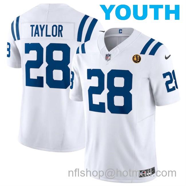 Youth Indianapolis Colts #28 Jonathan Taylor White 2023 F.U.S.E. With John Madden Patch Vapor Limited Stitched Football Jersey