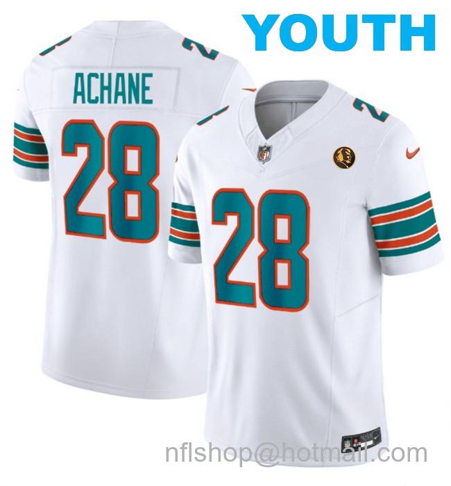 Youth Miami Dolphins #28 De'Von Achane White 2023 F.U.S.E. Alternate With John Madden Patch Vapor Limited Stitched Football Jersey