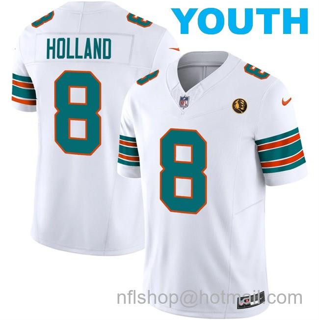 Youth Miami Dolphins #8 Jevon Holland White 2023 F.U.S.E. With John Madden Patch Alternate With John Madden Patch And 3-Star C Patch Vapor Limited Stitched Football Jersey