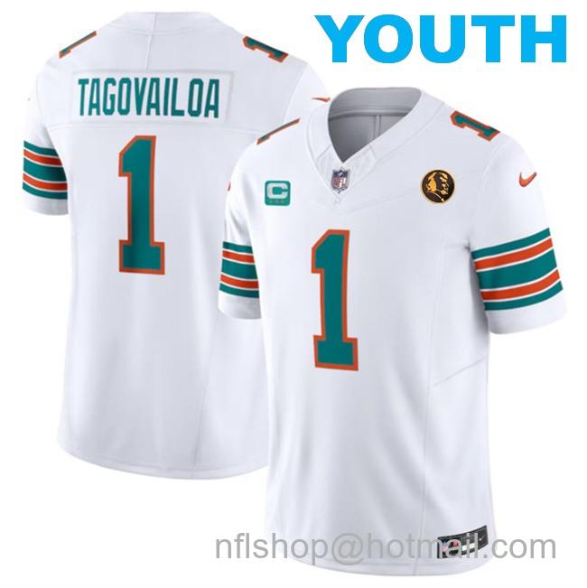 Youth Miami Dolphins #1 Tua Tagovailoa White 2023 F.U.S.E. Alternate With John Madden Patch And 3-Star C Patch Vapor Limited Stitched Football Jersey