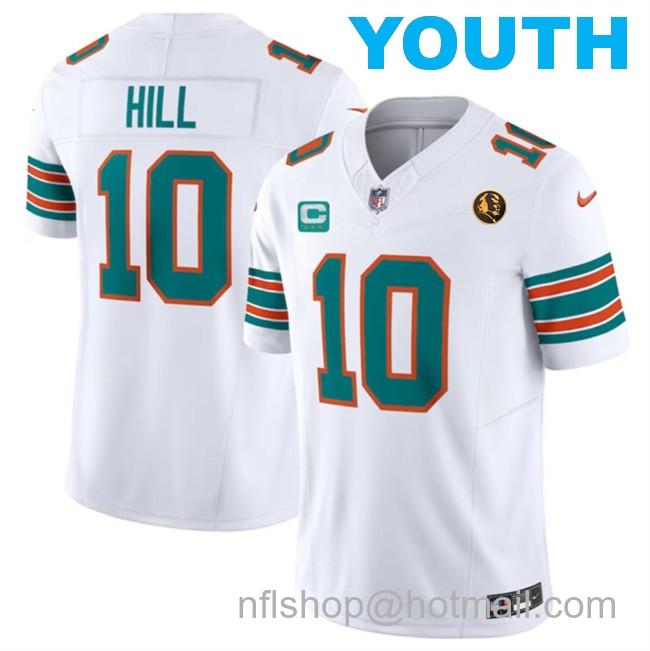 Youth Miami Dolphins #10 Tyreek Hill White 2023 F.U.S.E. Alternate With John Madden Patch And 3-Star C Patch Vapor Limited Stitched Football Jersey