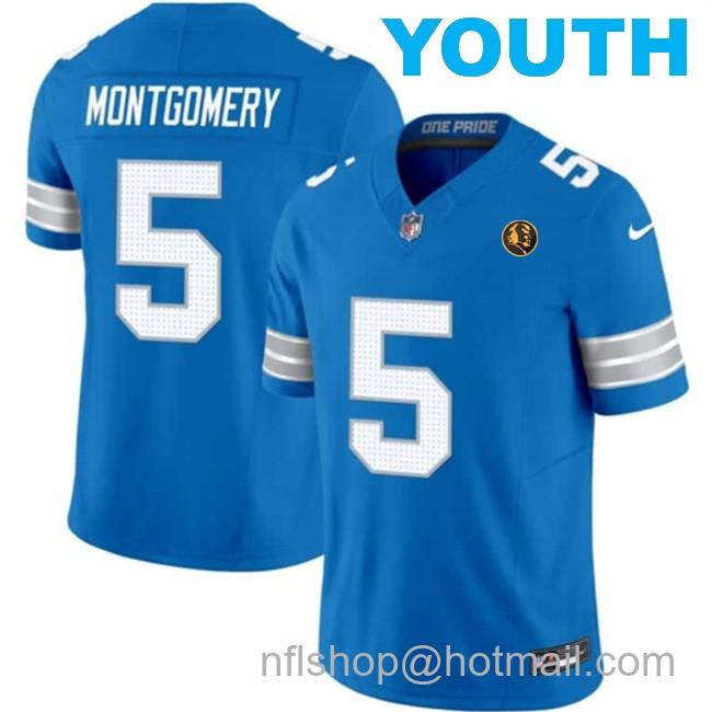 Youth Detroit Lions #5 David Montgomery Blue 2024 F.U.S.E.With John Madden Patch Vapor Limited Stitched Jersey