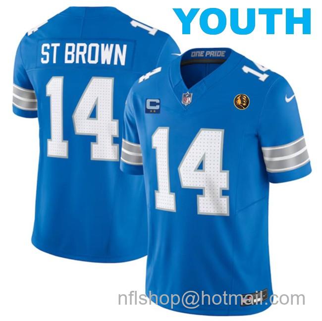 Youth Detroit Lions #14 Amon-Ra St. Brown Blue 2024 F.U.S.E. With John Madden Patch And 2-Star C Patch Vapor Limited Stitched Jersey