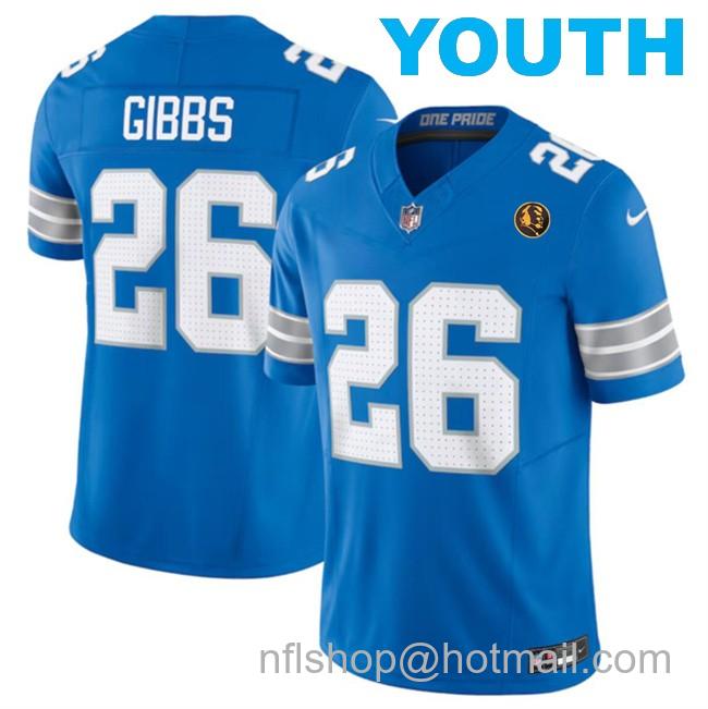 Youth Detroit Lions #26 Jahmyr Gibbs Blue 2024 F.U.S.E. With John Madden PatchVapor Limited Stitched Jersey