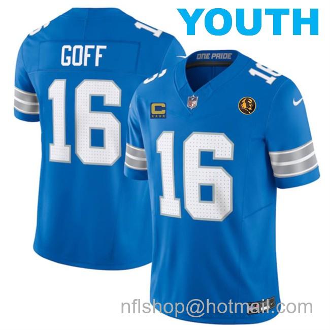 Youth Detroit Lions #16 Jared Goff Blue 2024 F.U.S.E. With John Madden Patch And 4-Star C Patch Vapor Limited Stitched Jersey