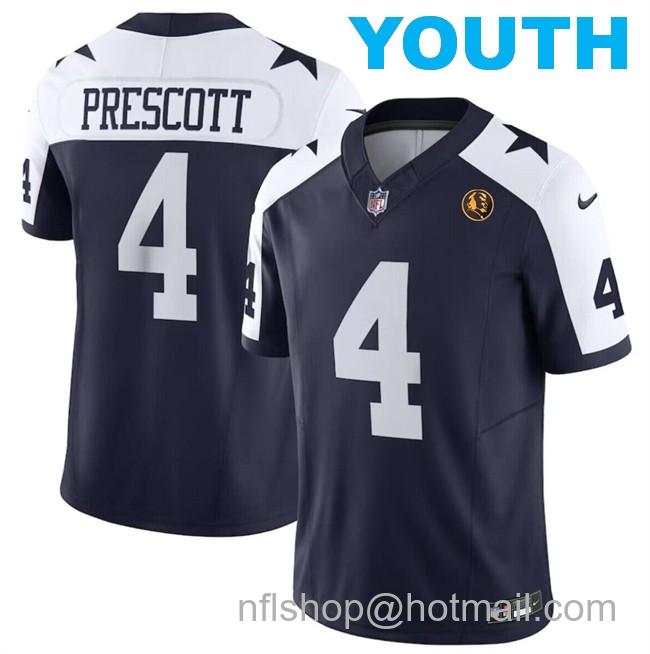 Youth Dallas Cowboys #4 Dak Prescott Navy 2023 F.U.S.E. With John Madden Patch Vapor Limited Stitched Football Jerseys