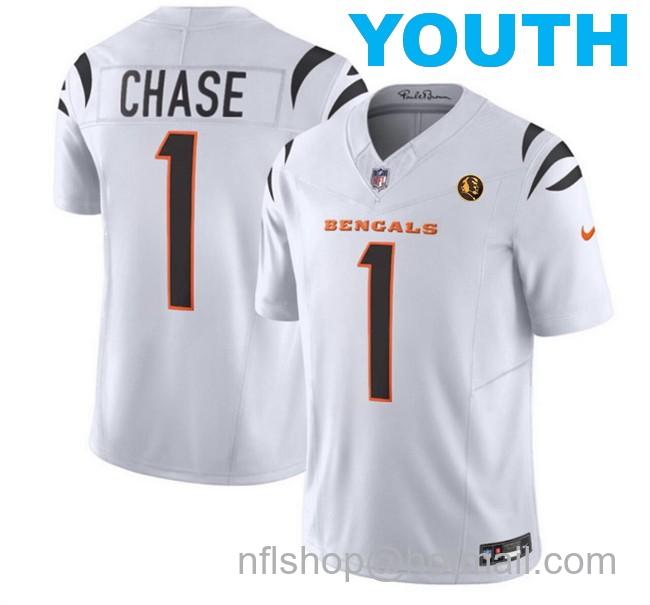 Youth Cincinnati Bengals #1 Ja'Marr Chase White 2023 F.U.S.E. With John Madden Patch Vapor Limited Stitched Football Jersey