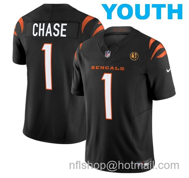 Youth Cincinnati Bengals #1 Ja'Marr Chase Black 2023 F.U.S.E. With John Madden Patch Vapor Limited Stitched Football Jersey