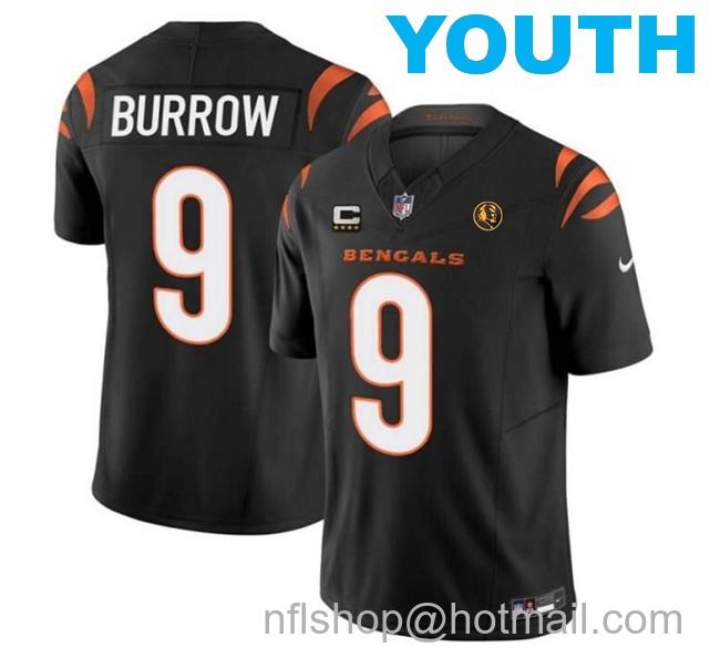 Youth Cincinnati Bengals #9 Joe Burrow Black 2023 F.U.S.E. With 4-Star C Patch And John Madden Patch Vapor Limited Stitched Football Jersey