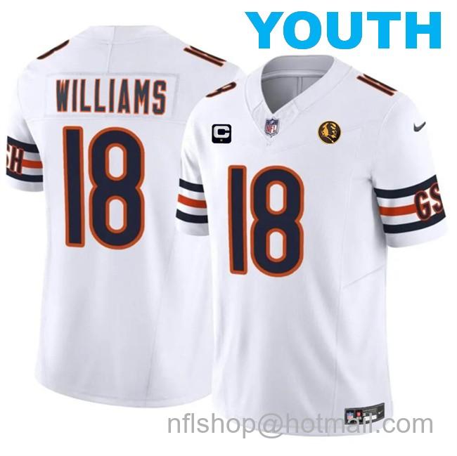 Youth Chicago Bears #18 Caleb Williams White 2024 F.U.S.E. With John Madden Patch And 1-star C Patch Vapor Stitched Football Jersey