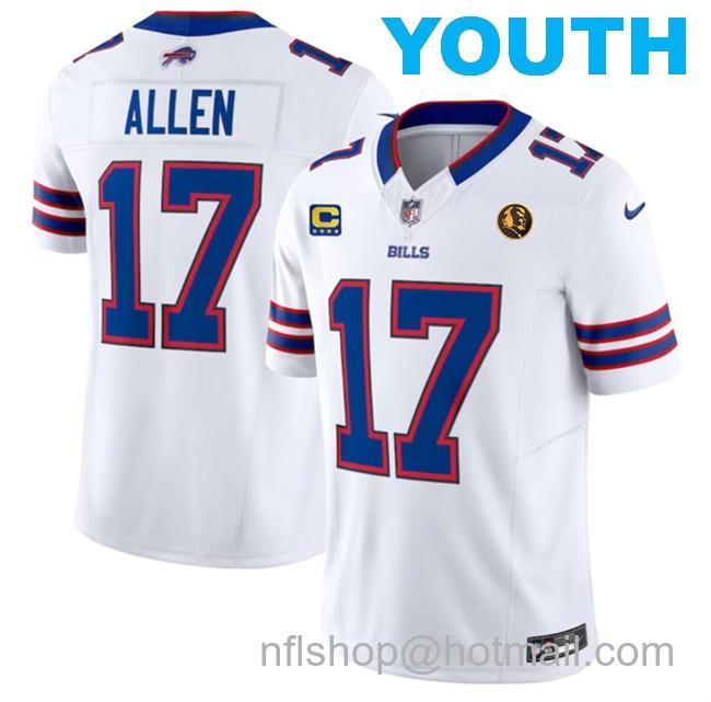 Youth Buffalo Bills #17 Josh Allen White 2023 F.U.S.E. With 4-Star C Ptach And John Madden Patch Vapor Limited Stitched Football Jersey