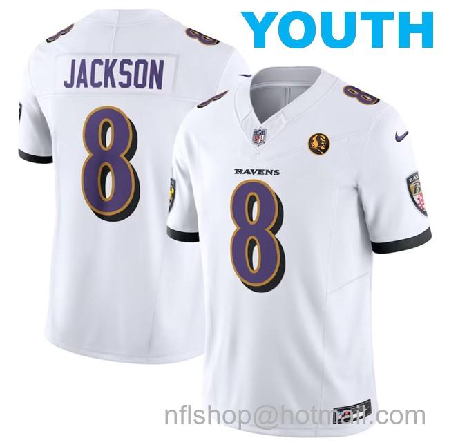 Youth Baltimore Ravens #8 Lamar Jackson White 2023 F.U.S.E. With John Madden Patch Vapor Limited Football Jersey