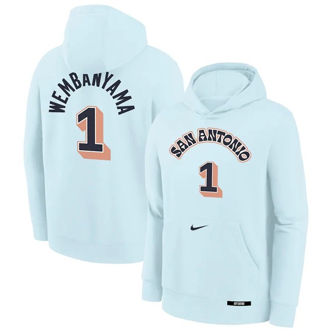 Men's San Antonio Spurs #1 Victor Wembanyama Light Blue 2024-25 City Edition Fleece Club Pullover Hoodie