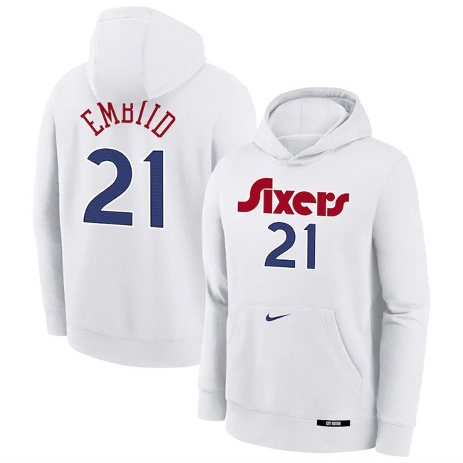 Men's Philadelphia 76ers #21 Joel Embiid White 2024-25 City Edition Fleece Club Pullover Hoodie