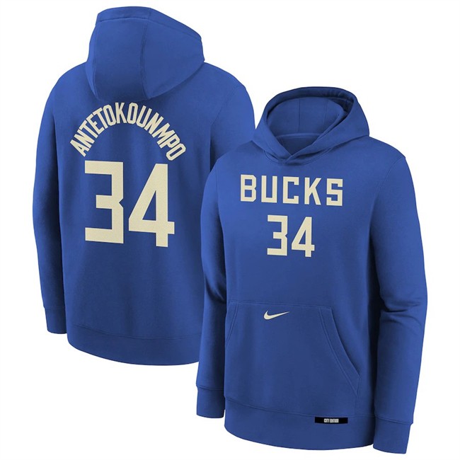 Men's Milwaukee Bucks #34 Giannis Antetokounmpo Royal 2024-25 City Edition Club Fleece Pullover Hoodie