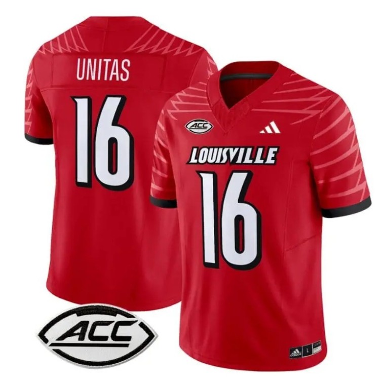 Men's Adidas Johnny Unitas Jersey #16 Louisville Cardinals Vapor Football Stitched Red With ACC Patch