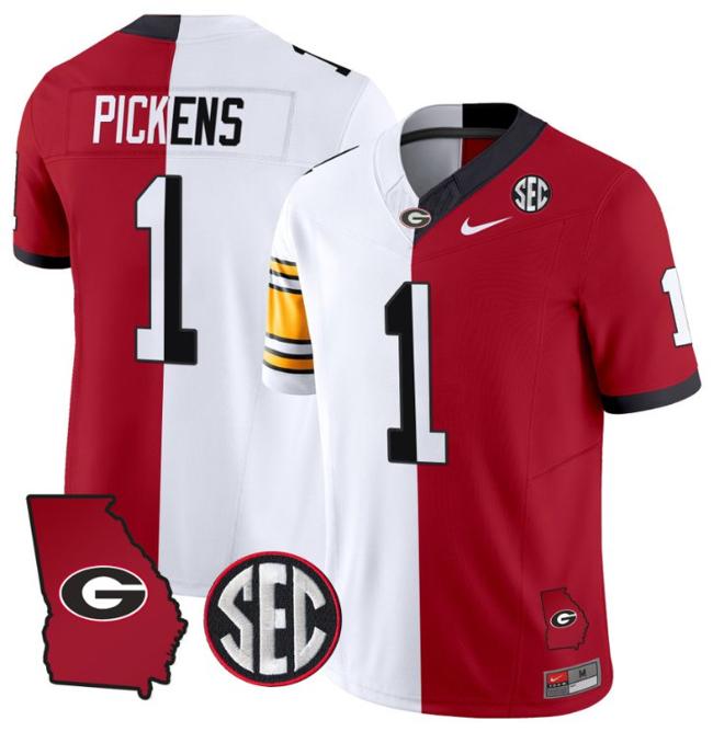 Men's Nike SEC George Pickens Jersey #1 Georgia Bulldogs Split F.U.S.E. Vapor Limited Football Stiched With Georgia State Map Patch