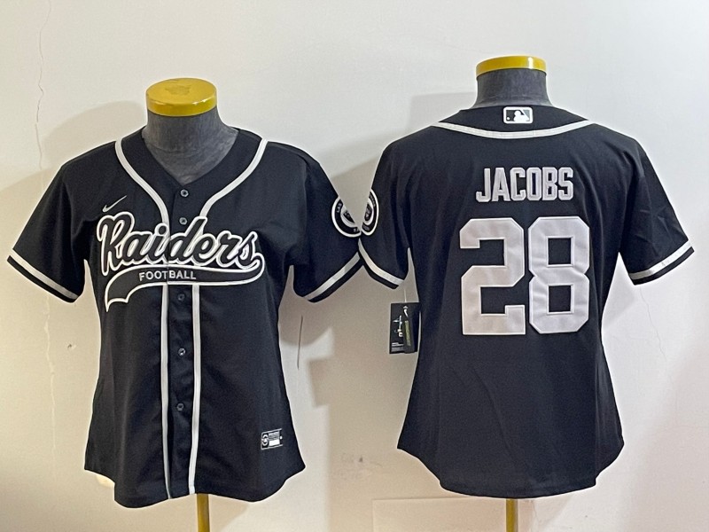 Youth Las Vegas Raiders #28 Josh Jacobs Black With Patch Cool Base Stitched Baseball Jersey