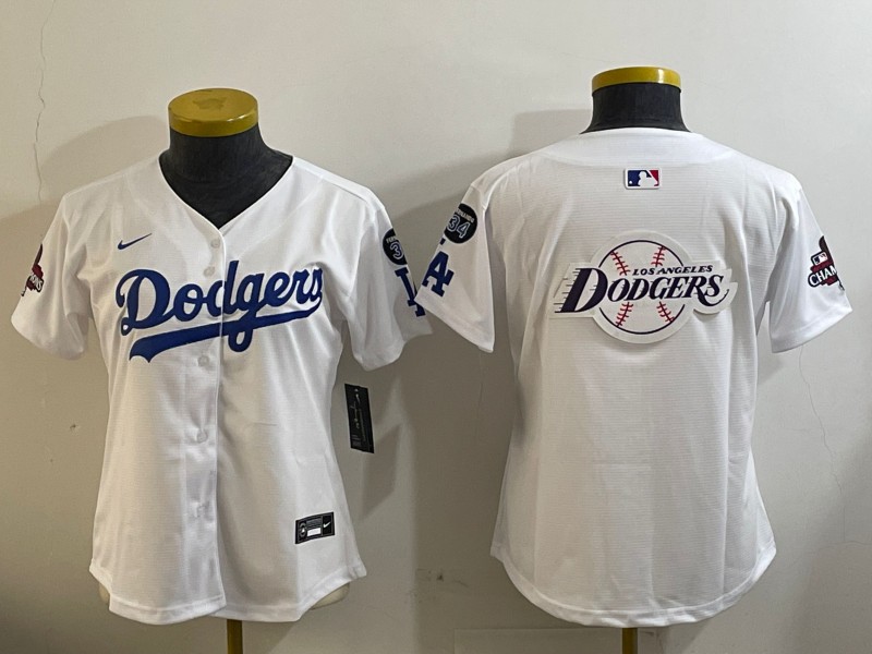 Women's Los Angeles Dodgers Blank White 2024 World Series Champions With Fernando Memorial Patch Home Limited Stitched MLB Jersey(Run Small)