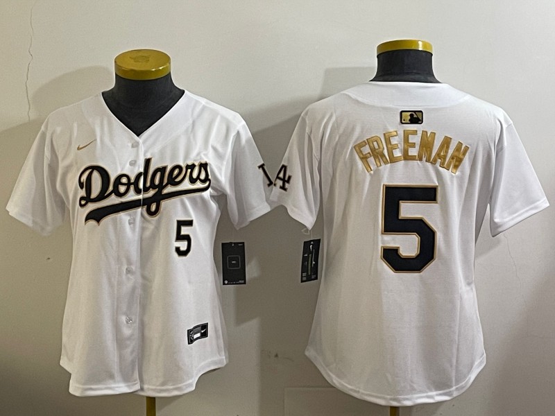 Women's Los Angeles Dodgers #5 Freddie Freeman White Gold Limited Stitched Baseball Jersey