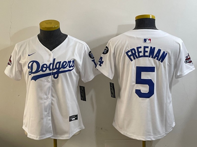 Women's Los Angeles Dodgers #5 Freddie Freeman White 2024 World Series Champions With Fernando Memorial Patch Home Limited Stitched Baseball Jerseys(Run Small)