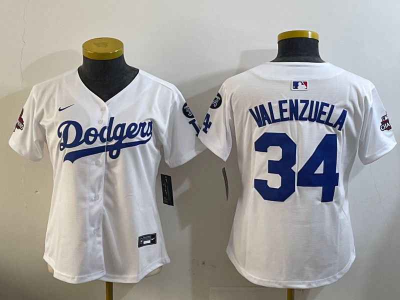 Women's Los Angeles Dodgers #34 Toro Valenzuela White 2024 World Series Champions With Fernando Memorial Patch Home Limited Stitched Baseball Jerseys(Run Small)