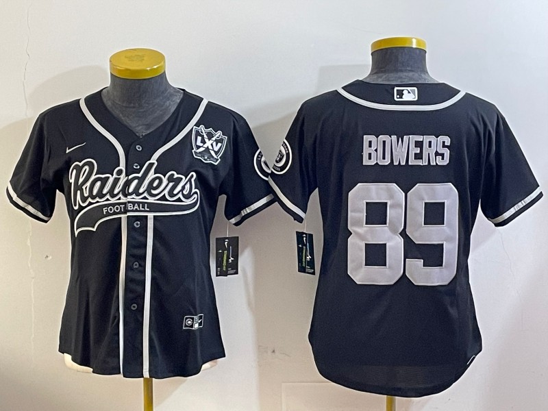 Women's Las Vegas Raiders #89 Brock Bowers Black With 65th Anniversary Patch Cool Base Stitched Baseball Jersey