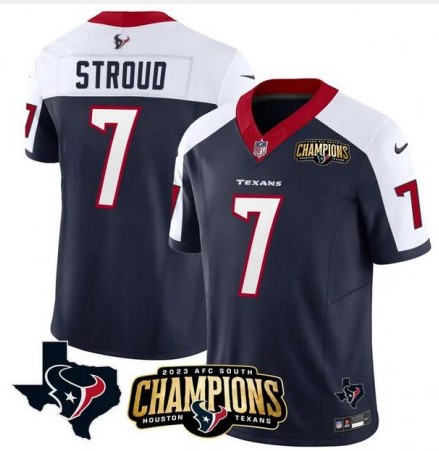 Men's Houston Texans #7 C.J. Stroud Navy White Gold Thanksgiving With 2023 AFC South Champions Patch F.U.S.E. Vapor Limited Stitched Jersey