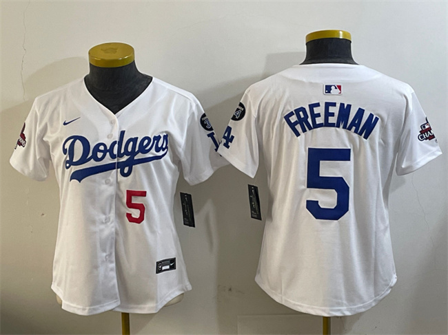 Youth Los Angeles Dodgers #5 Freddie Freeman White 2024 World Series Champions With Fernando Memorial Patch Home Limited Stitched Baseball Jersey