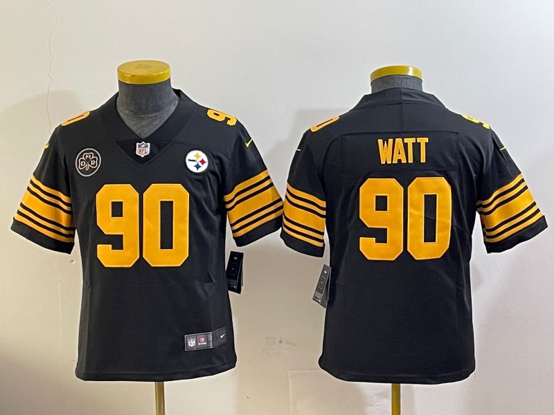 Youth Pittsburgh Steelers #90 T. J. Watt Black With DMR Patch Vapor Untouchable Limited Stitched Jersey