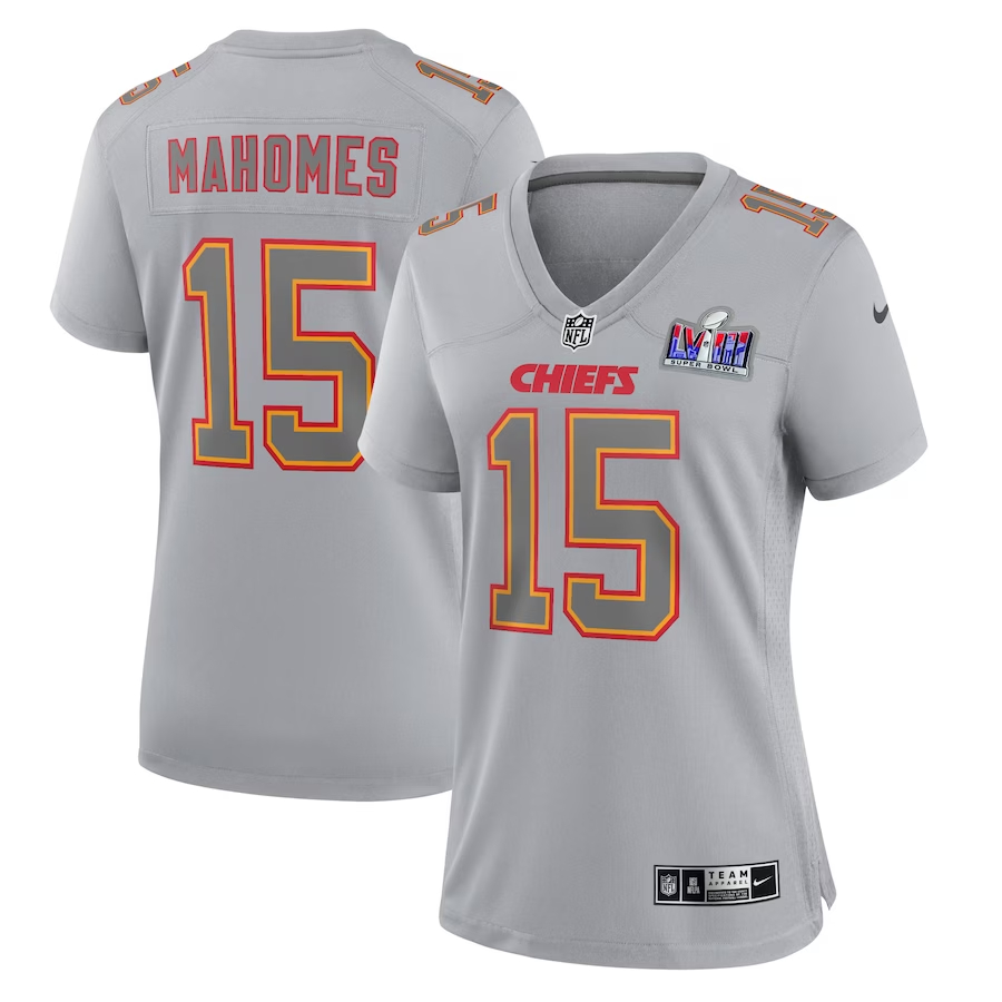 Women's Kansas City Chiefs #15 Patrick Mahomes Gray Nike Super Bowl LVIII Atmosphere Fashion Game Football Stitched Jersey