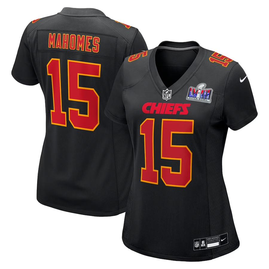 Women's Kansas City Chiefs #15 Patrick Mahomes Black Nike Super Bowl LVIII Carbon Fashion Game Player Football Stitched Jersey