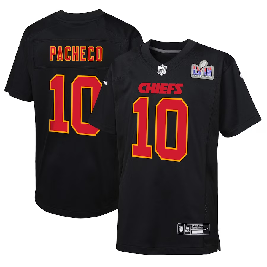 Youth Kansas City Chiefs #10 Isiah Pacheco Black Nike Super Bowl LVIII Patch Carbon Fashion Game Football Stitched Jersey