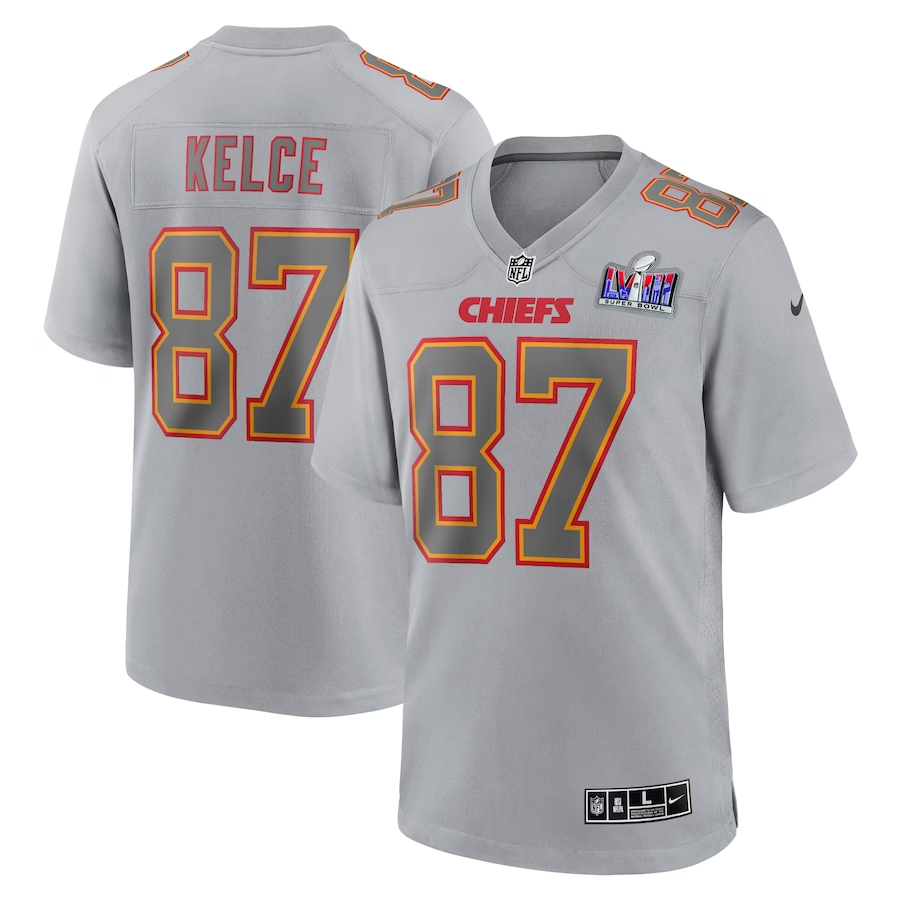 Men's Kansas City Chiefs #87 Travis Kelce Gray Nike Super Bowl LVIII Atmosphere Fashion Game Football Stitched Jersey