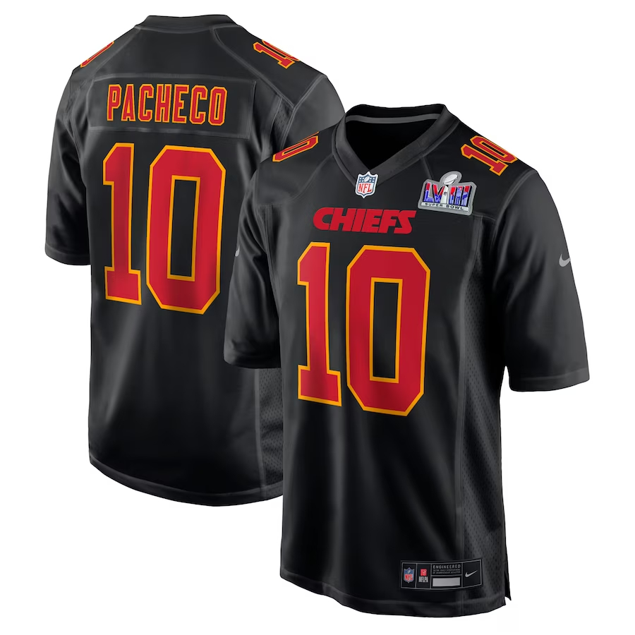 Men's Kansas City Chiefs #10 Isiah Pacheco Black Nike Super Bowl LVIII Carbon Fashion Game Player Football Stitched Jersey