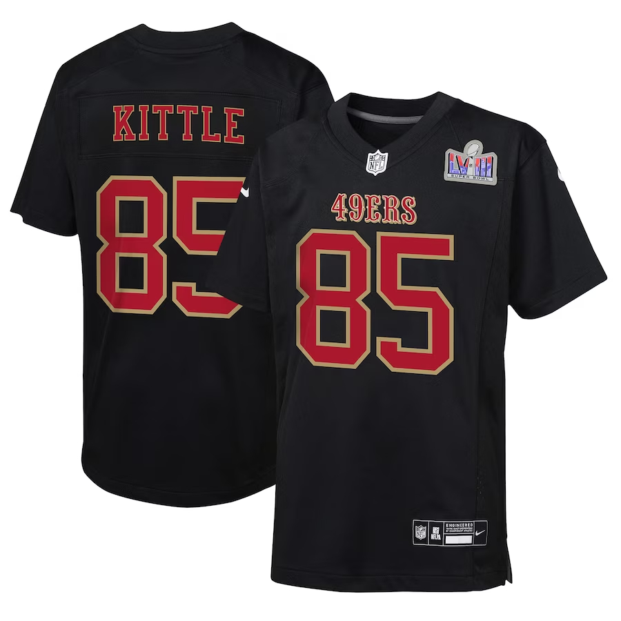 Youth San Francisco 49ers #85 George Kittle Black Nike Super Bowl LVIII Patch Carbon Fashion Game Football Stitched Jersey