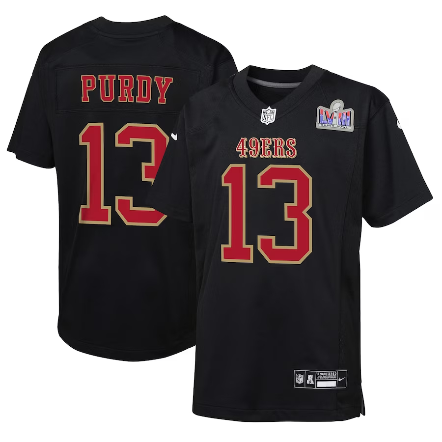 Youth San Francisco 49ers #13 Brock Purdy Black Nike Super Bowl LVIII Patch Carbon Fashion Game Football Stitched Jersey