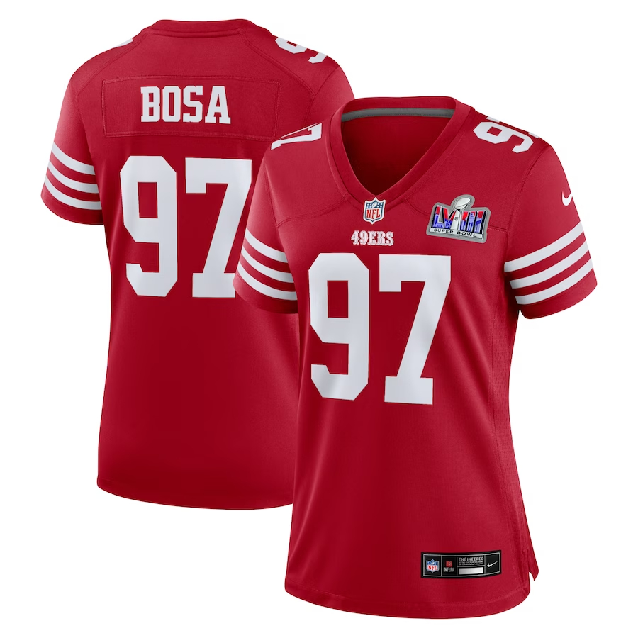 Women's San Francisco 49ers #97 Nick Bosa Scarlet Nike Super Bowl LVIII Game Football Stitched Jersey