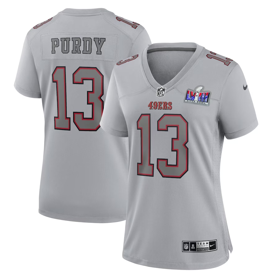 Women's San Francisco 49ers #13 Brock Purdy Gray Nike Super Bowl LVIII Atmosphere Fashion Game Football Stitched Jersey