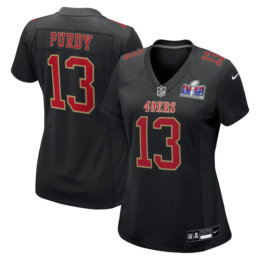 Women's San Francisco 49ers #13 Brock Purdy Black Nike Super Bowl LVIII Carbon Fashion Game Player Football Stitched Jersey