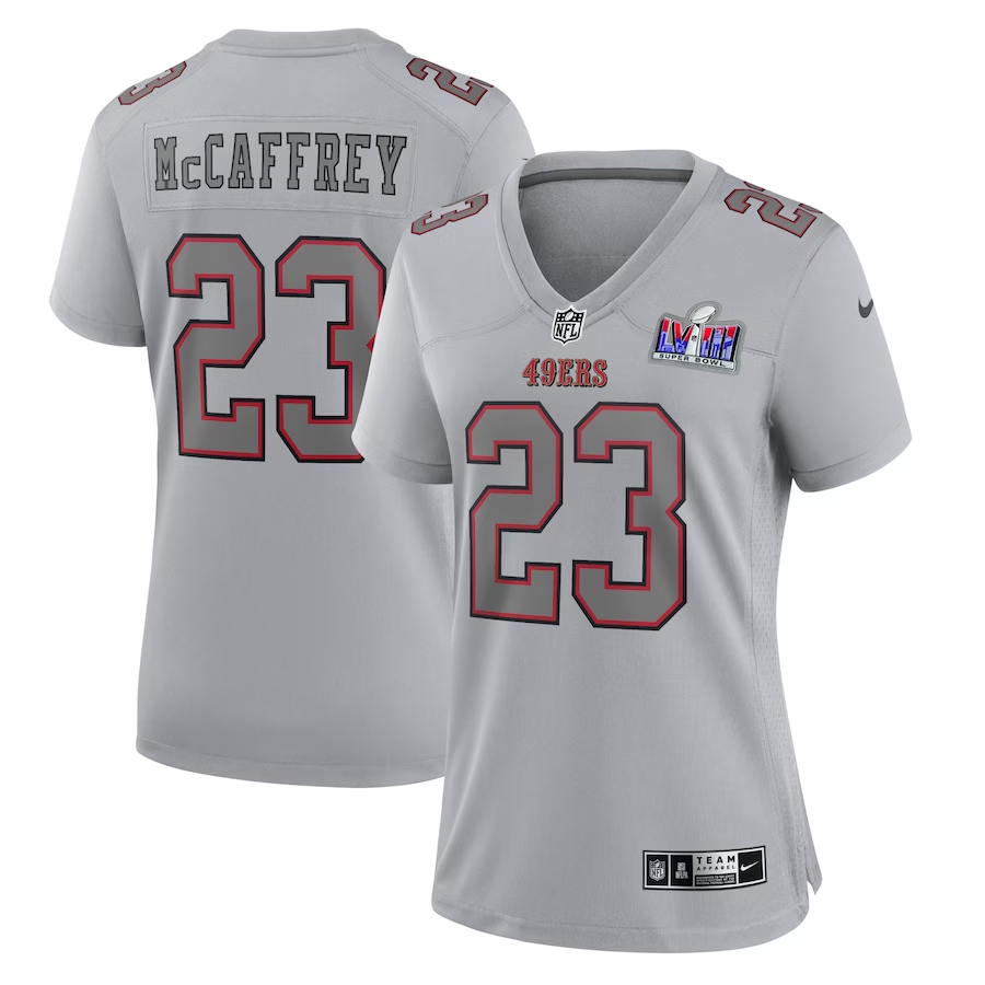 Women's San Francisco 49ers #23 Christian McCaffrey Gray Nike Super Bowl LVIII Atmosphere Fashion Game Football Stitched Jersey