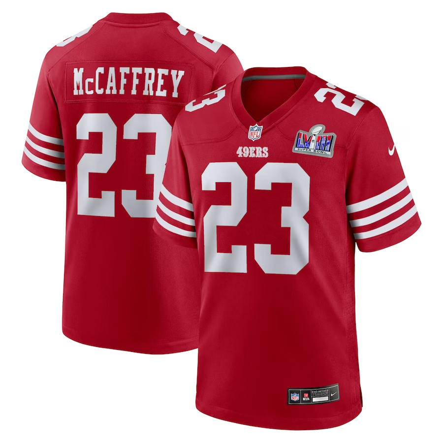 Men's San Francisco 49ers #23 Christian McCaffrey Scarlet Nike Super Bowl LVIII Game Football Stitched Jersey