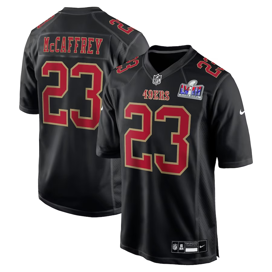 Men's San Francisco 49ers #23 Christian McCaffrey Black Nike Super Bowl LVIII Carbon Fashion Game Player Football Stitched Jersey