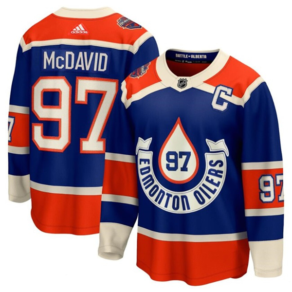 Men's Edmonton Oilers #97 Connor McDavid 2023 Royal With Patch Heritage Classic Primegreen Stitched Jersey