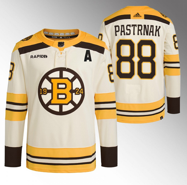 Men's Boston Bruins #88 David Pastrnak Cream With Rapid7 Patch 100th Anniversary Stitched Jersey