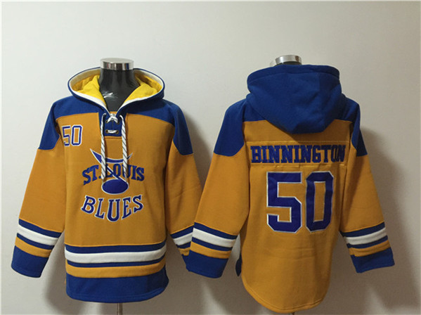 Men's St. Louis Blues #50 Jordan Binnington Yellow Ageless Must-Have Lace-Up Pullover Hoodie