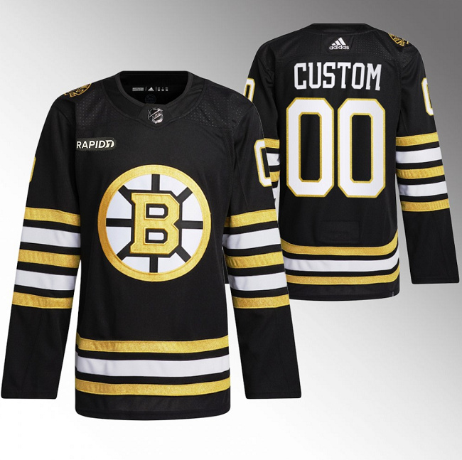 Men's Boston Bruins Custom Black With Rapid7 Patch 100th Anniversary Stitched Jersey