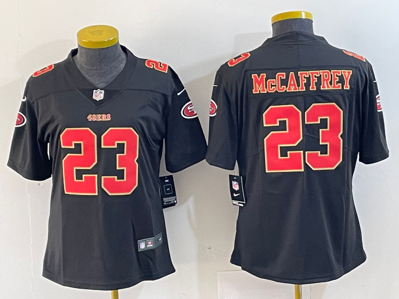 Women's San Francisco 49ers #23 Christian McCaffrey Black Red Fashion Vapor Limited Stitched Jersey