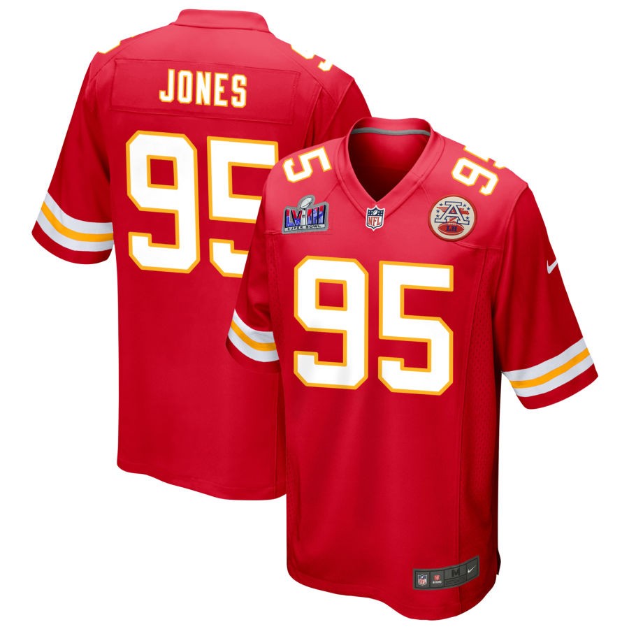 Men's Kansas City Chiefs #95 Chris Jones Nike Red Super Bowl LVIII Patch Game Football Stitched Jersey